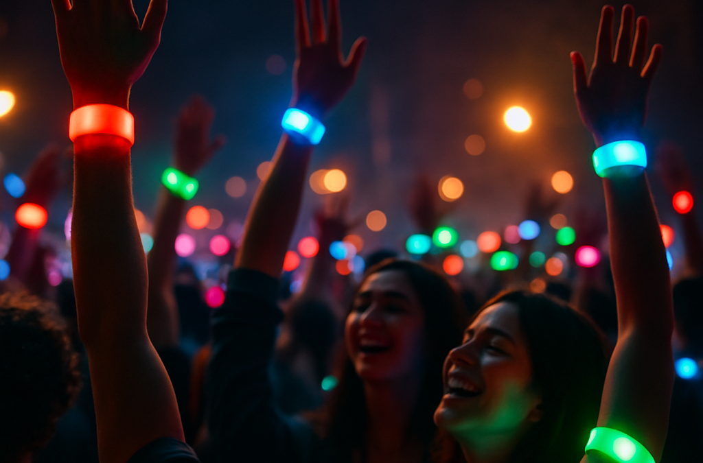Vibrant concert at night with a diverse crowd and glowing RGB wristbands illuminating joyful faces.