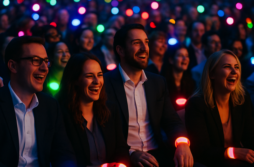 A lively corporate event with a crowd wearing glowing LED wristbands pulsing in vibrant colors.