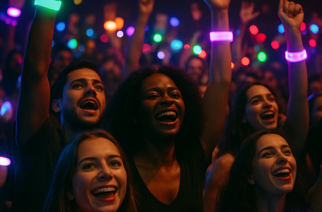 A vibrant concert crowd with glowing LED wristbands pulses in sync with the music.