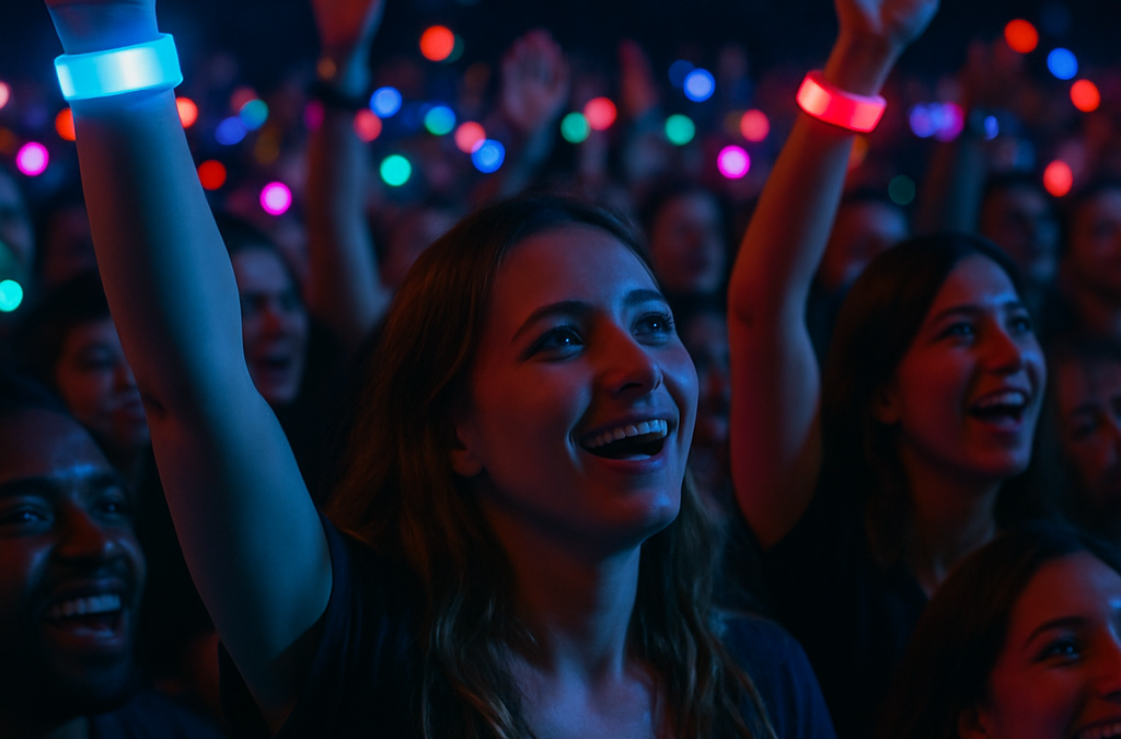 A crowd of concertgoers wearing glowing LED wristbands, creating a colorful light spectacle.