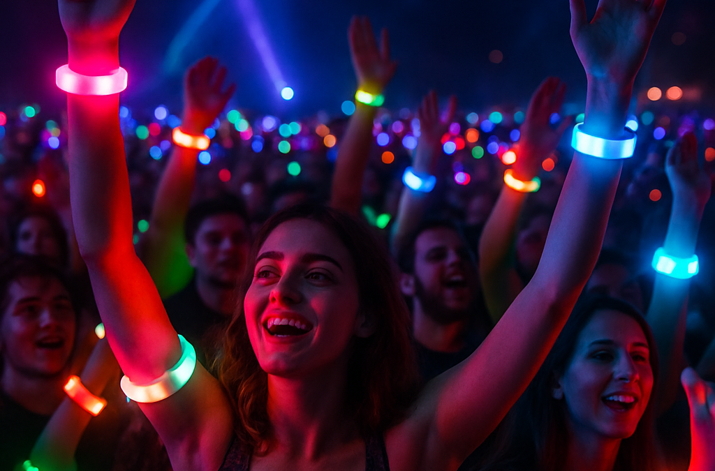 Crowd at a vibrant night music festival, glowing LED wristbands pulse with rhythm.