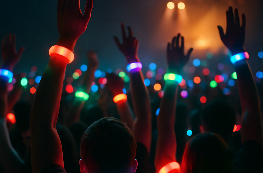 Crowd at a concert with glowing LED wristbands pulsing in sync with the music, creating vibrant lights.