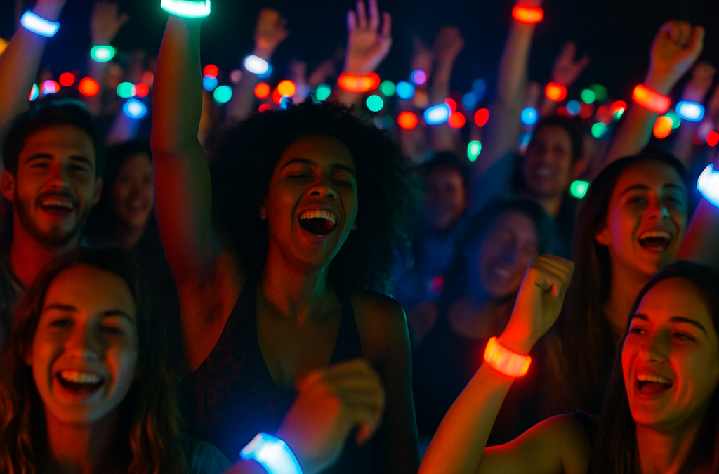 A lively night music festival with a diverse crowd wearing glowing LED wristbands.