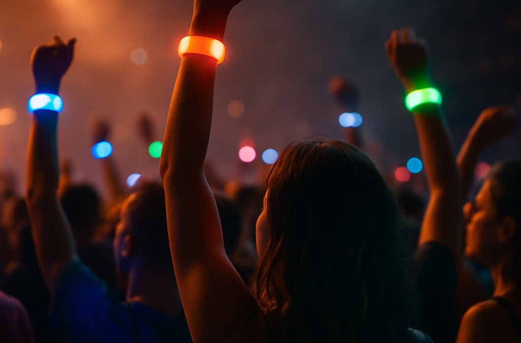 A lively concert crowd with glowing LED wristbands radiating colorful light in a dark setting.