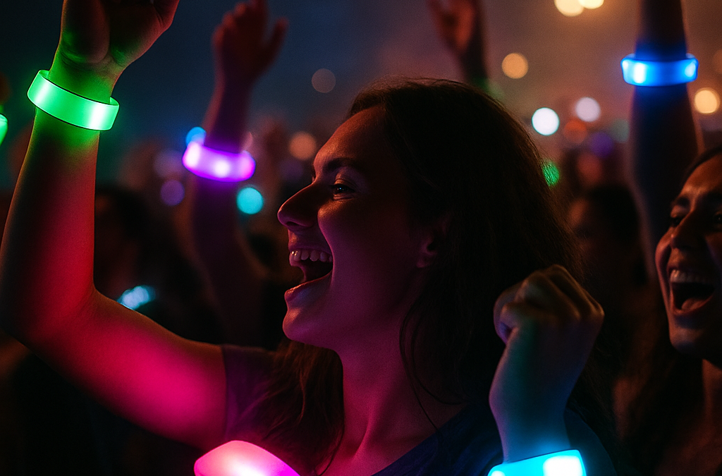 A vibrant concert scene with an energetic crowd and glowing LED wristbands lighting up the night.