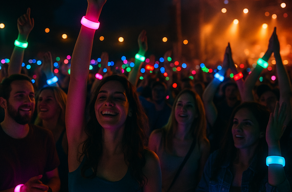 Vibrant festival crowd at night, glowing LED wristbands create a sea of synchronized colors.