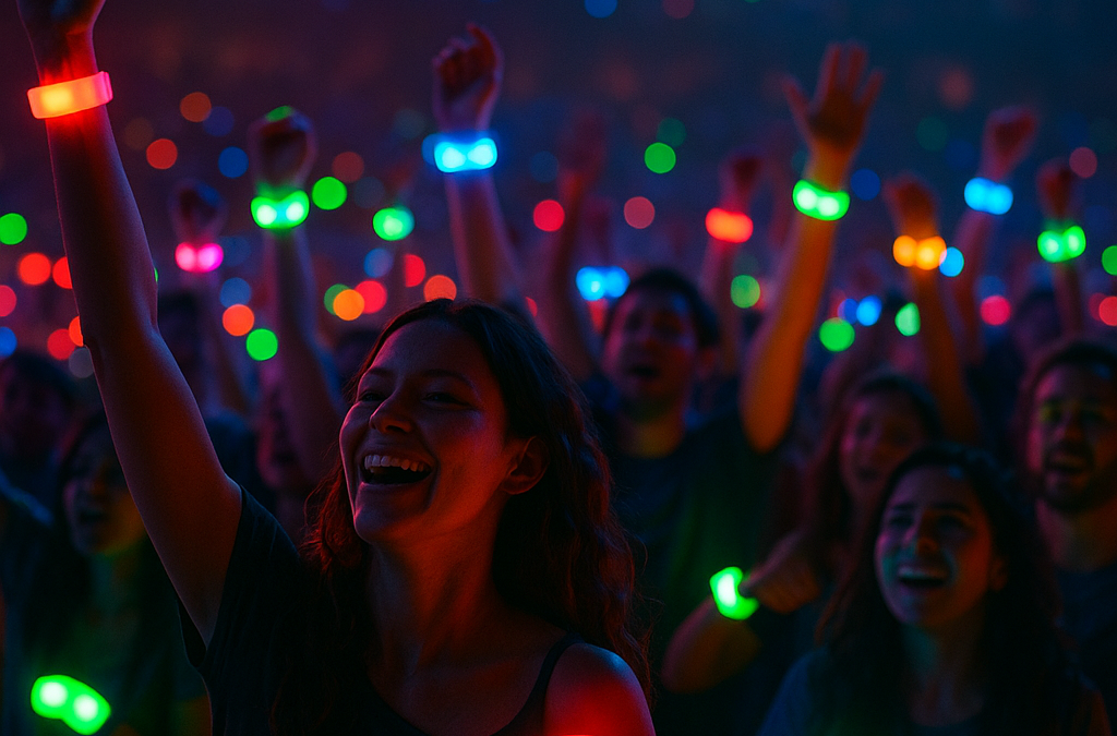 A vibrant concert crowd with glowing LED wristbands creates a dazzling sea of colors.