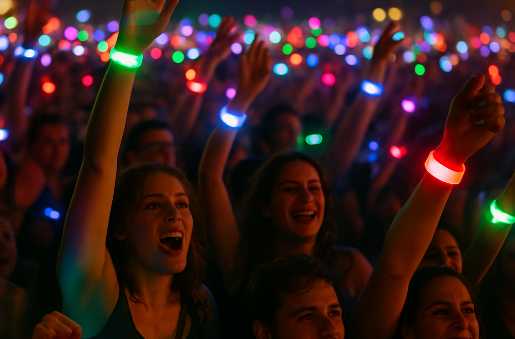 A vibrant night festival crowd with glowing LED wristbands creating a sea of colorful lights.