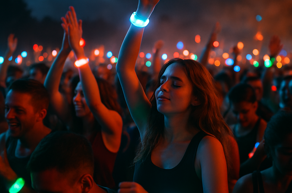 Crowd at a festival with vibrant LED wristbands glowing in sync with music under a dark sky.