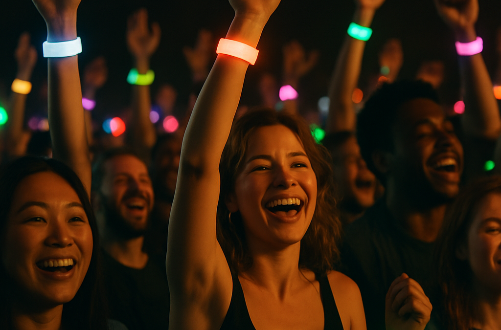 Crowd at a concert festival with glowing LED wristbands in vibrant RGB colors.