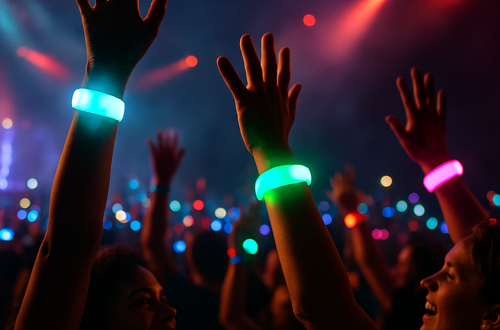 A vibrant concert scene with a diverse crowd wearing glowing LED wristbands, immersed in colors.