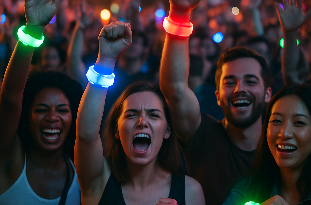 A vibrant festival crowd with glowing LED wristbands in a dark, energetic atmosphere.