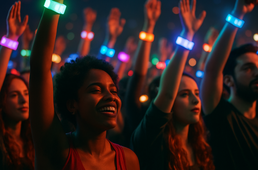 Vibrant concert crowd with glowing LED wristbands creating a colorful light display.