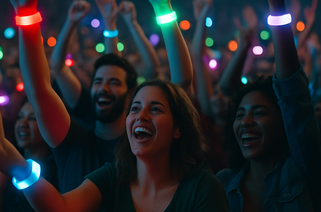 A lively concert scene with a diverse crowd wearing glowing LED wristbands in vibrant colors.