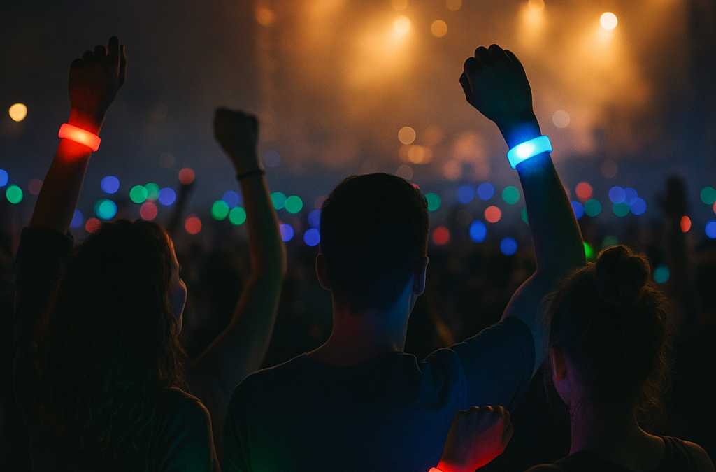 A vibrant concert scene with a lively crowd wearing glowing LED wristbands in rhythmic colors.