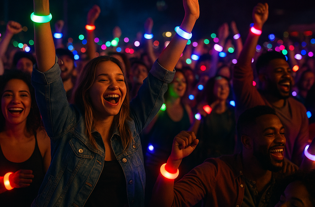 A vibrant night festival scene with a diverse crowd wearing pulsating LED wristbands.
