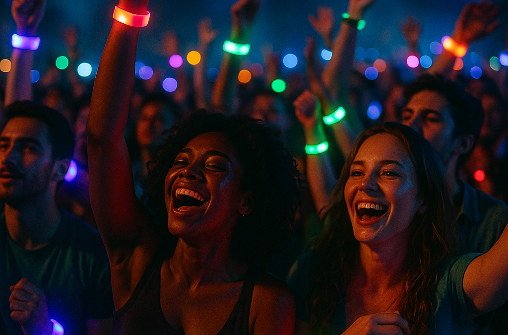Diverse crowd at a vibrant night concert, glowing LED wristbands pulsating in RGB colors.