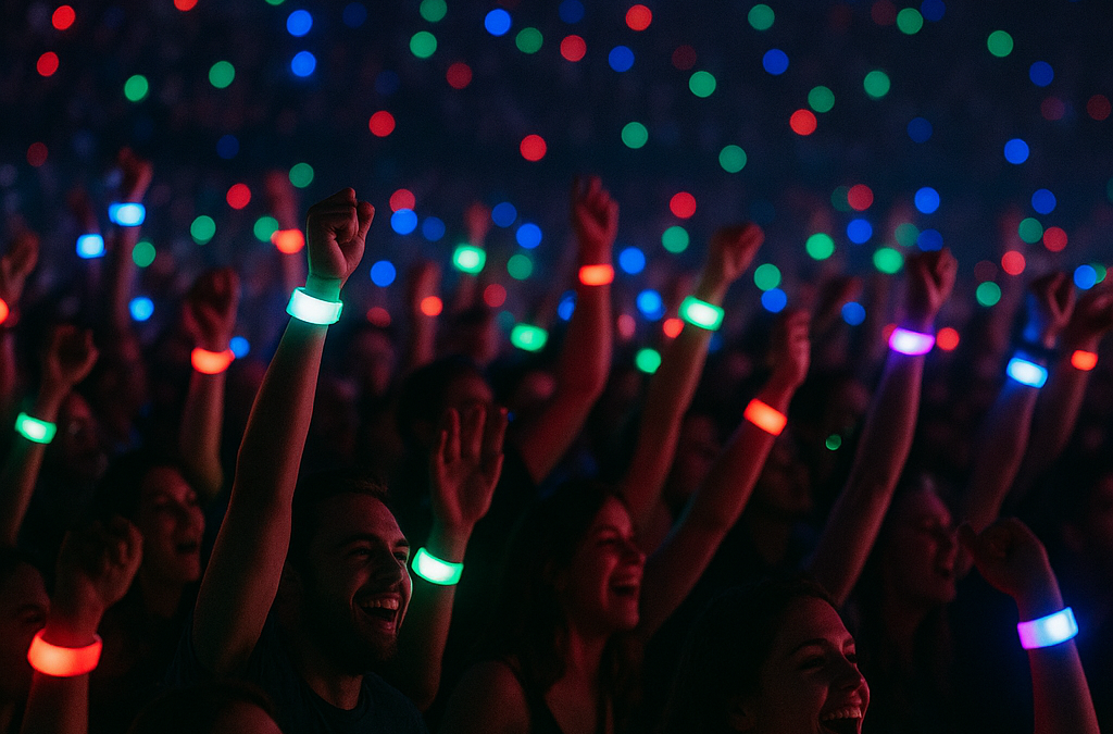 A vibrant night concert with a lively crowd sporting glowing LED wristbands in RGB colors.