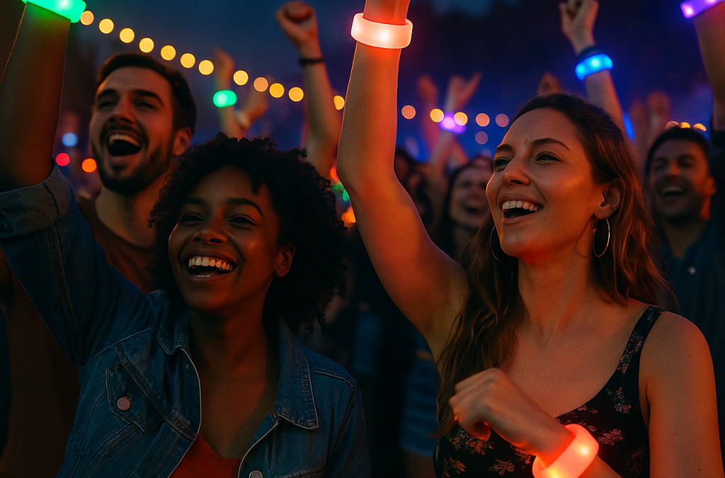 A vibrant crowd at a festival, wearing glowing LED wristbands that pulse with RGB colors.