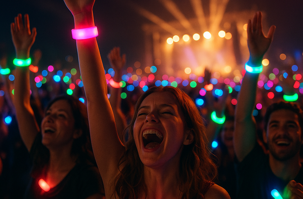 Crowd at a concert festival with glowing LED wristbands pulsing in rhythm with music.