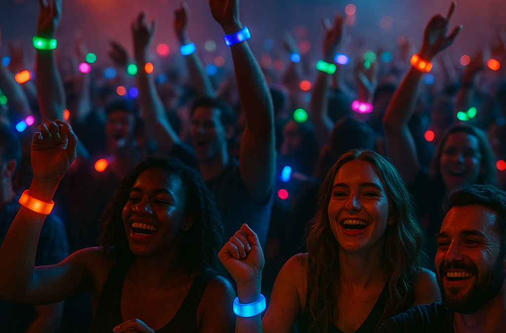 A lively concert crowd with synchronized LED wristbands creating a colorful, immersive light display.