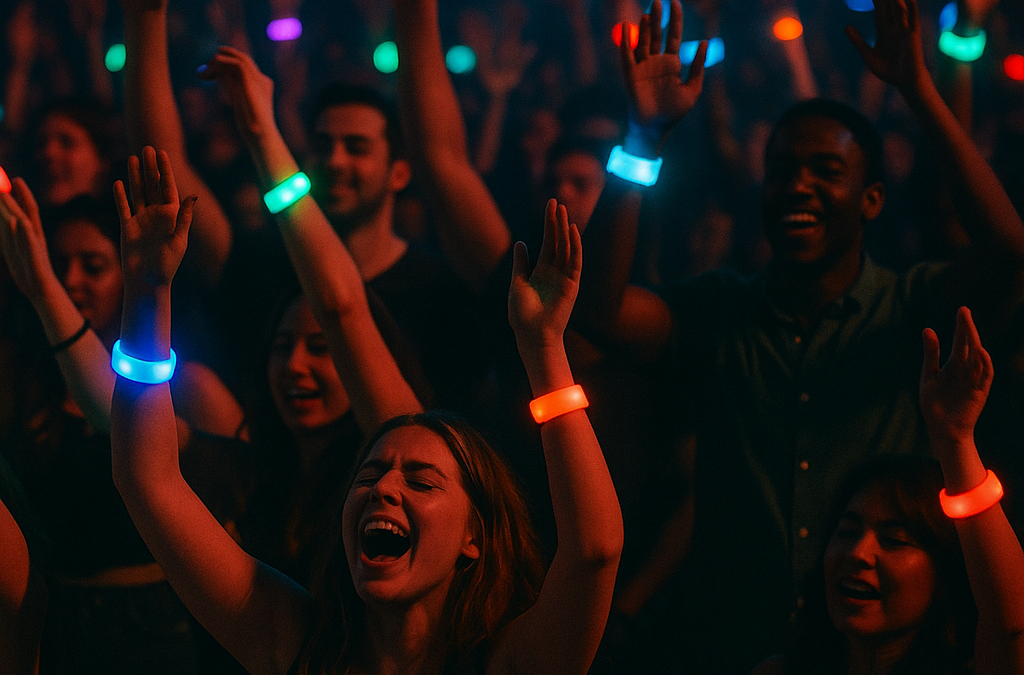 A vibrant concert crowd with glowing LED wristbands in a dark, electrifying atmosphere.