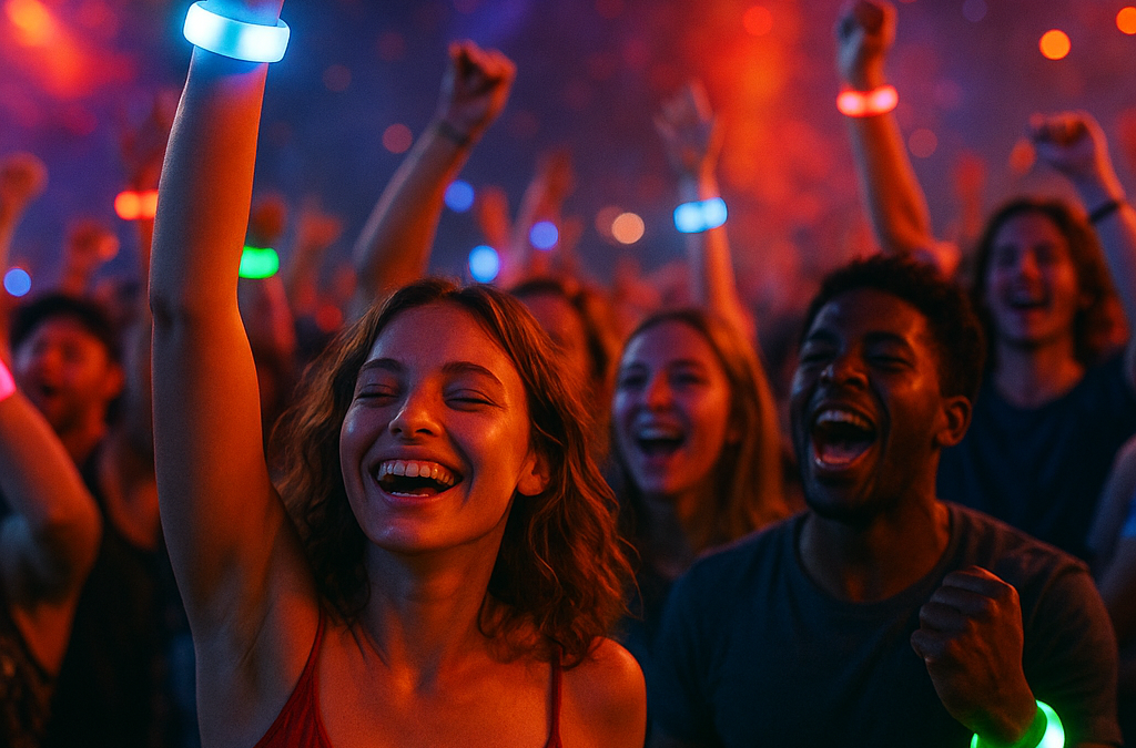 Energetic crowd at a festival, wearing glowing LED wristbands in vibrant colors.