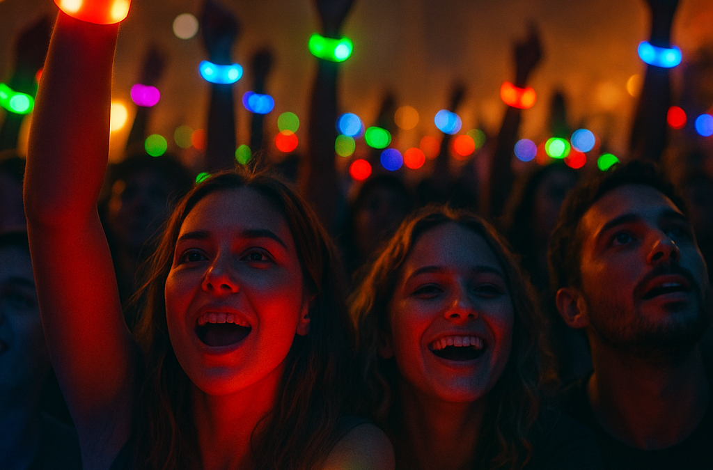 Crowd at a concert festival with glowing LED wristbands creating a vibrant, colorful display.