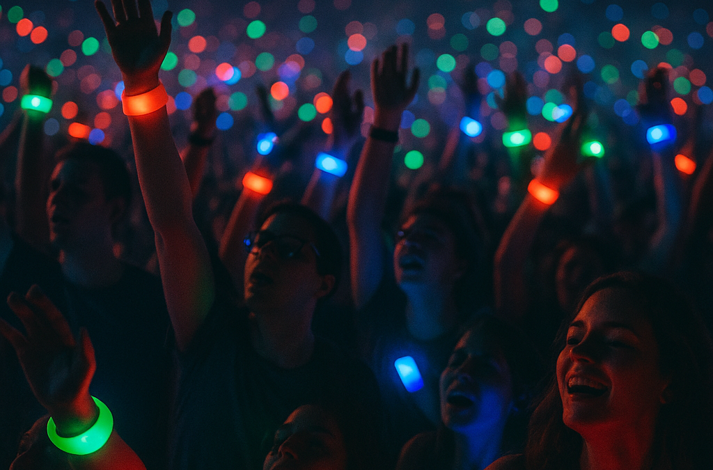 Crowd at a concert with glowing LED wristbands creating a vibrant, synchronized light display.