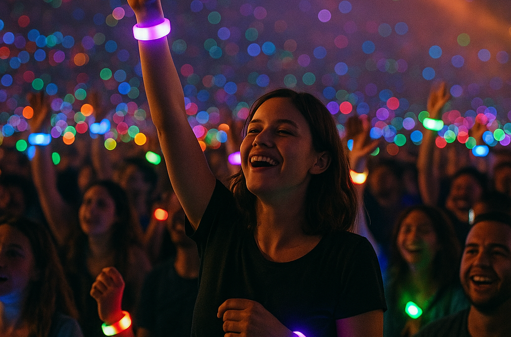 Energetic festival scene with vibrant LED wristbands illuminating a joyful crowd.