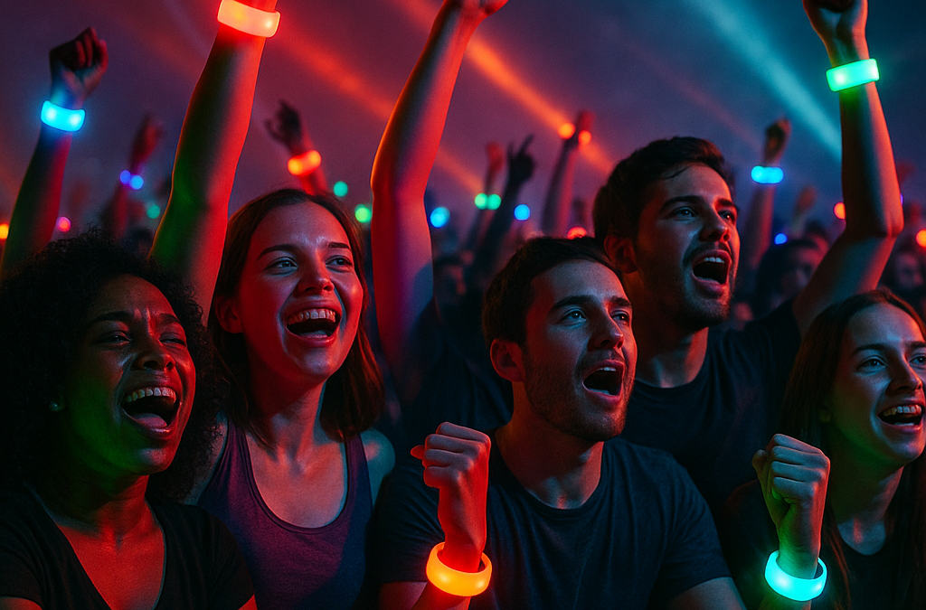 A vibrant concert scene with a diverse, cheering crowd wearing glowing LED wristbands in vivid colors.