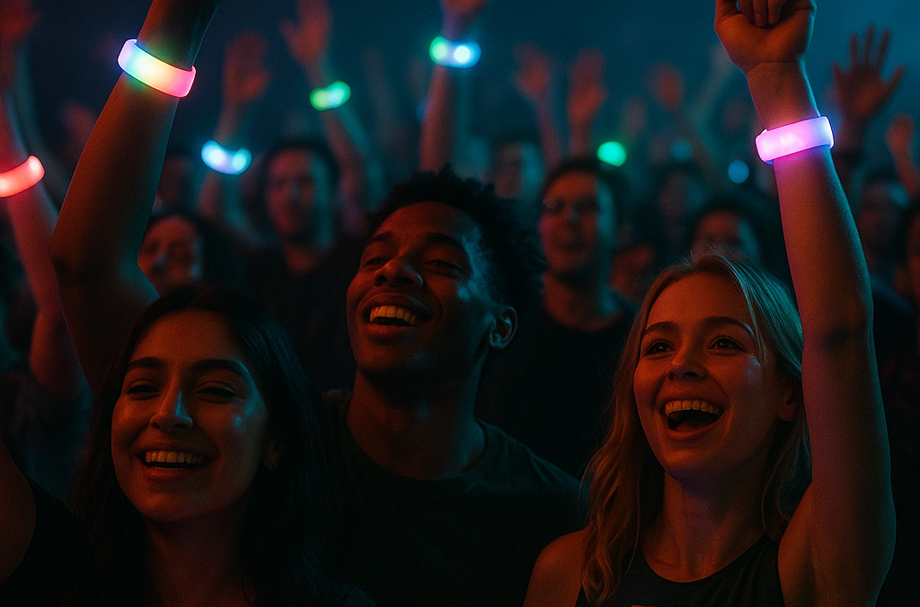 A vibrant concert scene with a diverse crowd wearing glowing LED wristbands, synchronized colors pulsating.