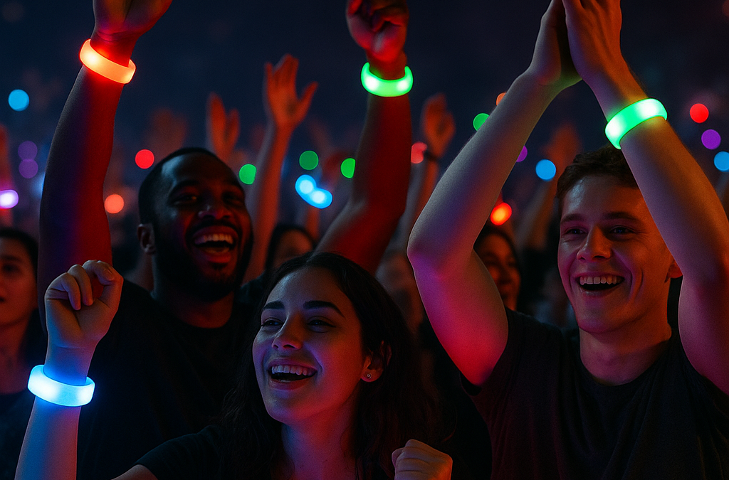 Crowd at a concert wearing glowing LED wristbands in vibrant colors, synchronized to music.