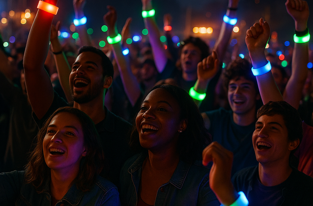Excited crowd at a concert festival, illuminated by glowing RGB LED wristbands in a dark setting.