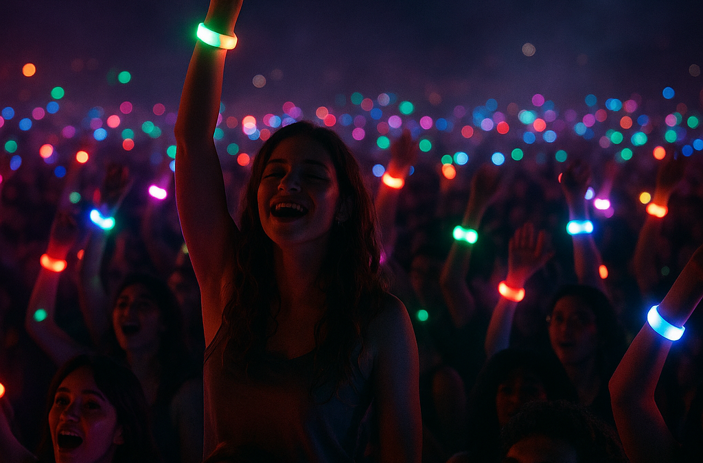 A vibrant festival scene with a diverse crowd wearing glowing LED wristbands in vivid colors.