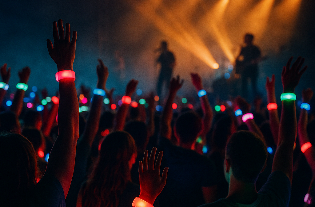 Vibrant concert scene with glowing RGB wristbands lighting up a lively crowd and stage.