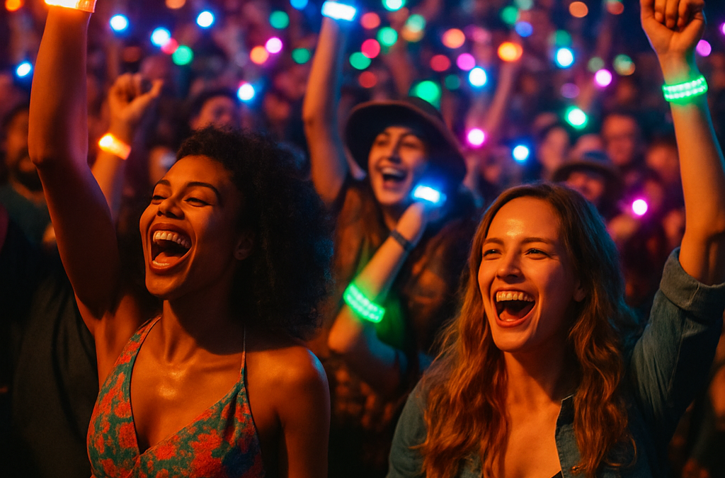 A vibrant night festival crowd with glowing LED wristbands in vivid RGB colors.