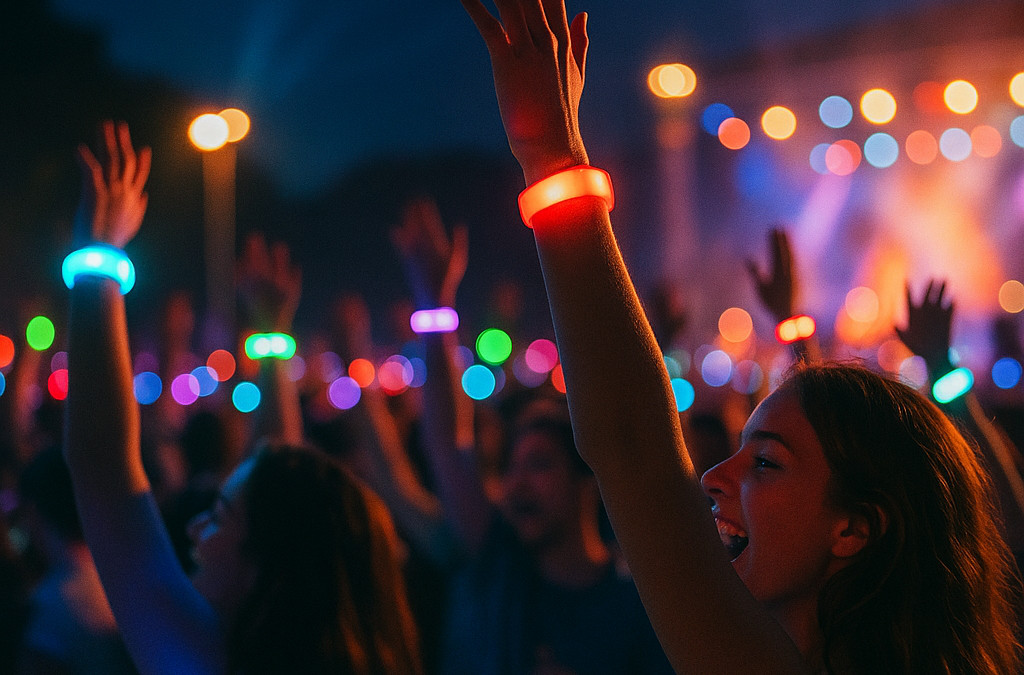 Vibrant outdoor concert at night with excited crowd wearing glowing LED wristbands in RGB colors.