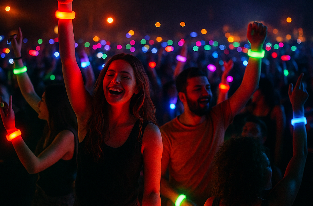 Crowd at a vibrant night festival with glowing LED wristbands in a sea of synchronized colors.