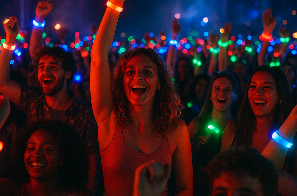 Vibrant crowd at a nighttime music festival with glowing LED wristbands in vivid RGB colors.