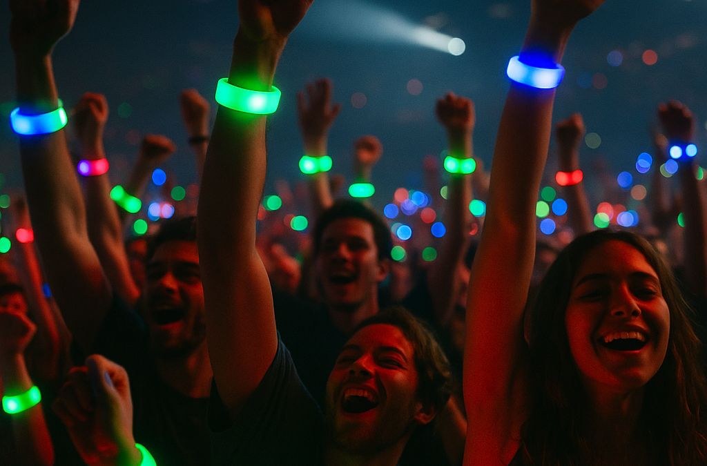 A large crowd at a concert, glowing LED wristbands illuminating in vibrant colors.