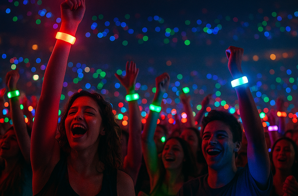 Crowd at a concert with glowing LED wristbands in vibrant RGB colors, pulsing with the music.