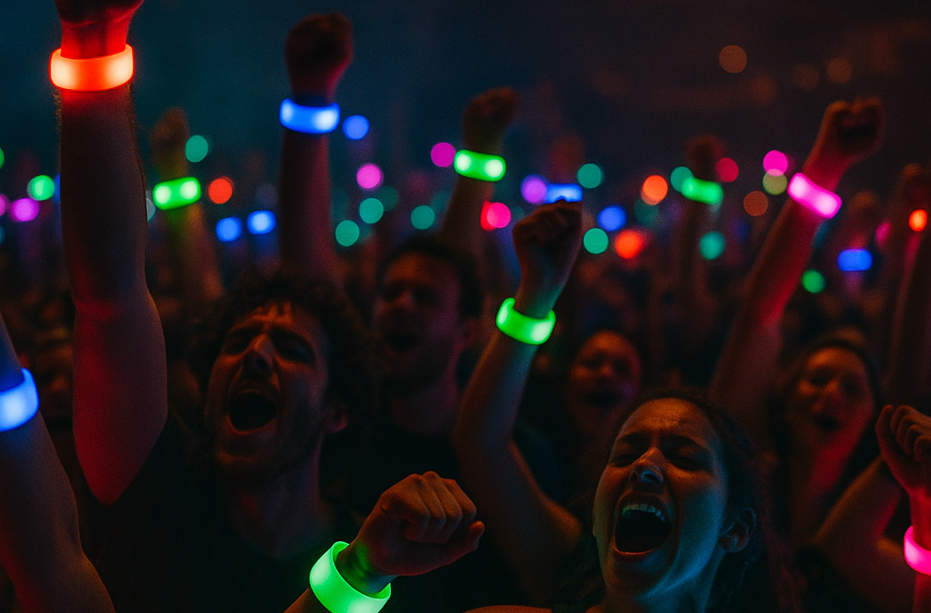 A vibrant concert scene with a crowd wearing glowing LED wristbands in synchronized colors.