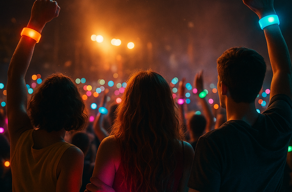 Crowd at a vibrant festival concert, wearing glowing LED wristbands in synchronized colors.